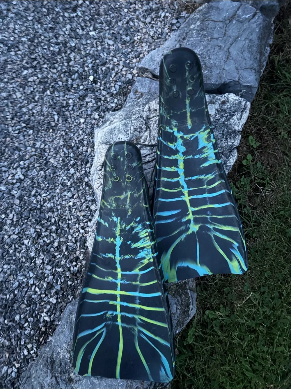 Adult Black Swim Fins with Green Accent blue and yellow Diving Flippers Floating